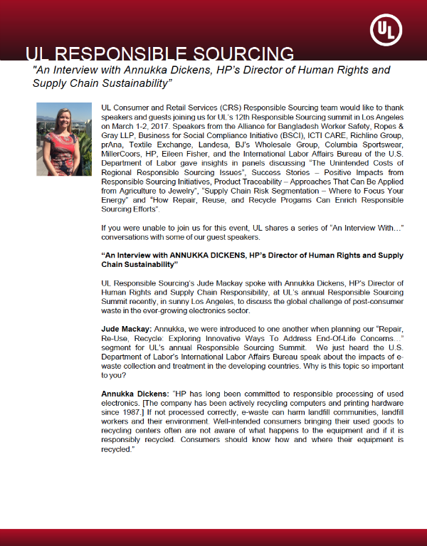 Thumbnail cover - UL Responsible Sourcing Interviews Annukka Dickens, HP