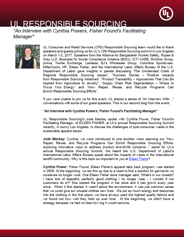 Thumbnail - UL Responsible Sourcing Interviews Cynthia Powers, Eileen Fisher